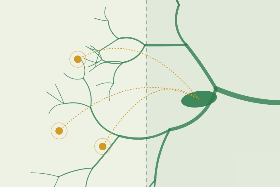 Illustration of a river crossing a border, with a reservoir serving both sides